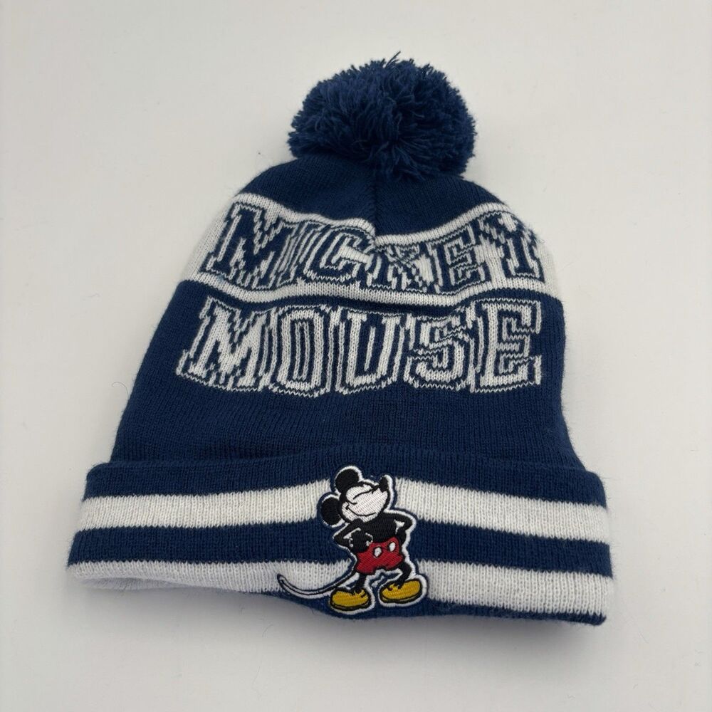 Disney Mickey Mouse Navy White Pom Pom Knit Beanie Winter Hat One Size